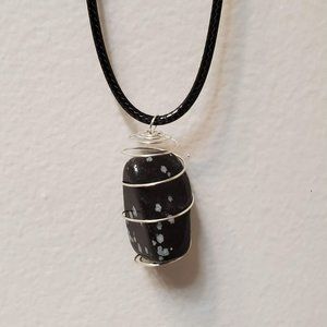 Snowflake Obsidian Necklace, Wire Wrapped Crystal Pendant, Black Gemstone